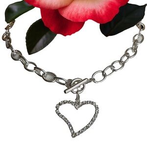 Silver Tone Rhinestone Heart Pendant Toggle Necklace – Valentine’s Day Gift